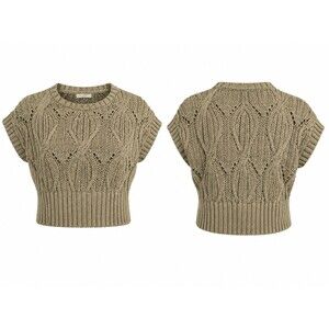 By Together Sage Green Knit Sweater Top Cable Knit Short Sleeve Cropped Small